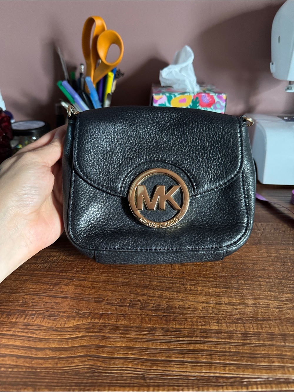 Michael Kors Black Crossbody Bag with Gold MK Accent